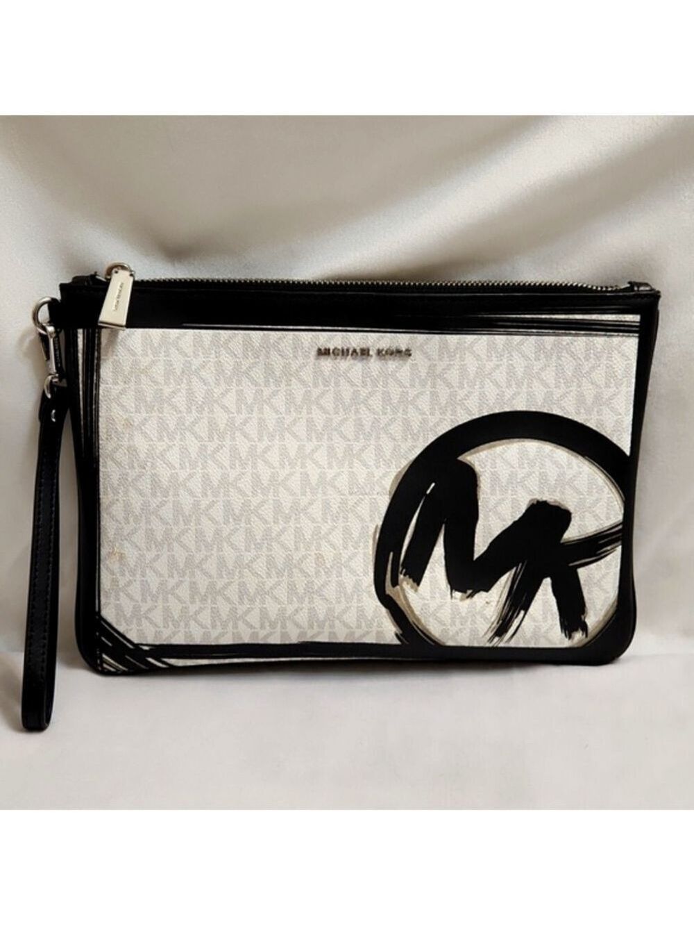 MICHAEL Michael Kors Black White Large Brushstroke Logo Zip Pouch Wristlet